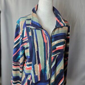 Onque Casual Zip Front Fleece Jacket XL Abstract Stripe Soft Cozy Loungewear